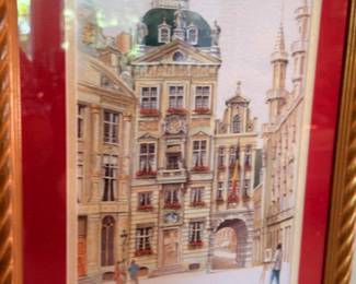 Framed European street scene painting, Parisian cityscape architecture, signed art print
