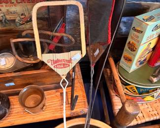 Vintage fly swatters, Tool Chests for Boys box, wooden bowls, wooden mallet, antique primitives