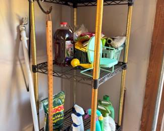 Wire shelf yard tools walking sticks canes, garden supplies, outdoor equipment garage lot