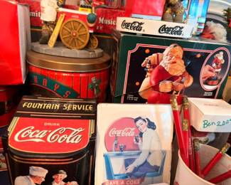 Coca-Cola Fountain Service sign, vintage Coke Santa advertising, tins, collectible memorabilia lot