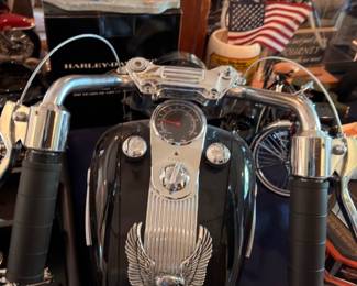 Harley Davidson motorcycle front view, chrome forks eagle emblem, HD classic bike