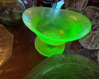 Green uranium vaseline glass pedestal compote, vintage depression glass, glowing collectible