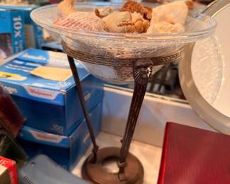 Glass pedestal compote dish with seashell collection, coastal beach decor