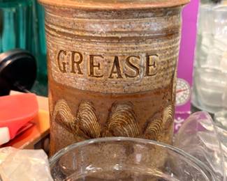 Vintage stoneware GREASE jar with cork lid, brown glaze, kitchen collectible crock