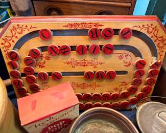 Antique 1886 wooden letter spelling game board with red pegs, Victorian parlor game