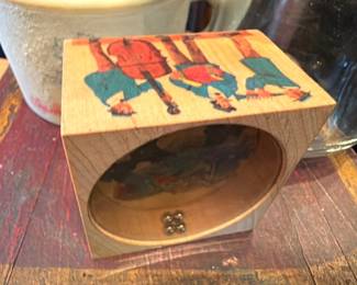 Vintage illustrated wooden trinket box with children's scene, antique keepsake box
