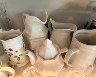 White ironstone pitcher collection, creamers, serving pieces, farmhouse pottery lot