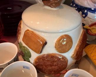 Ceramic cookie jars, teddy bear jar, white canister, coffee mugs, kitchen collectibles lot