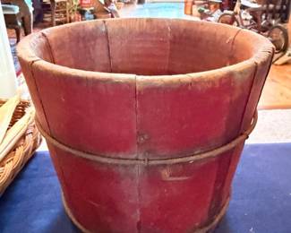 Antique red painted wood bucket with metal bands, primitive farmhouse pail, country decor