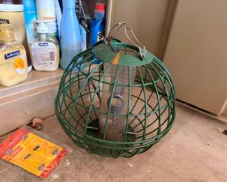 Green metal wire garden globe cage, decorative orb planter, outdoor garden decor accent