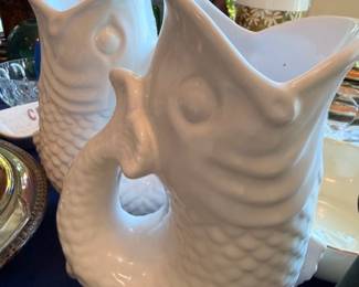 White ceramic fish vase planter, mid-century pottery, vintage fish figurine decor