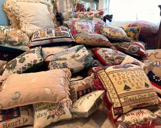 Needlepoint cross-stitch throw pillow collection, embroidered alphabet sampler, decorative pillows lot