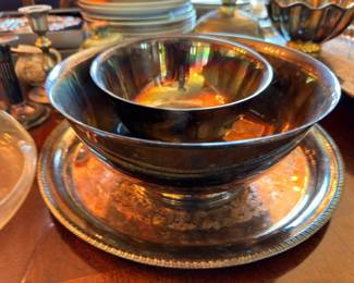 Silver-plated punch bowl on footed tray, vintage silverplate entertaining set