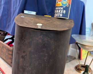 Antique iron bucket, vintage Quick Quaker Oats tin, primitive collectibles