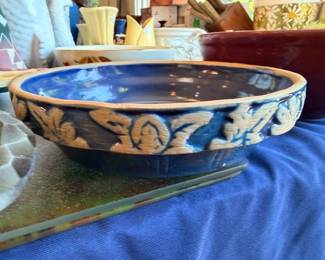 Blue salt-glazed stoneware pottery bowl, folk art pattern, vintage ceramic serving dish