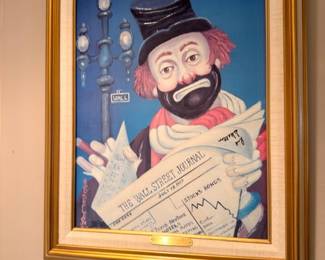 Framed clown painting, sad clown reading newspaper, gold frame wall art