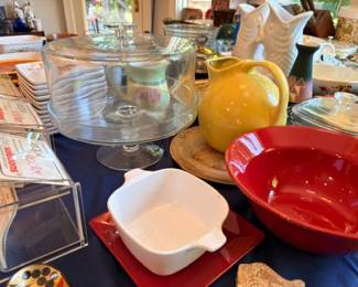 Glass percolator coffee pot, yellow ceramic pitcher, red bowl, gravy boat, kitchen lot