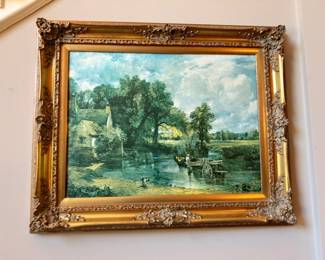 Oil painting pastoral landscape in ornate gold gilt frame, European country scene