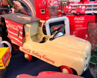 Coca-Cola Bottling Company vintage pedal car, yellow Coke delivery truck toy collectible