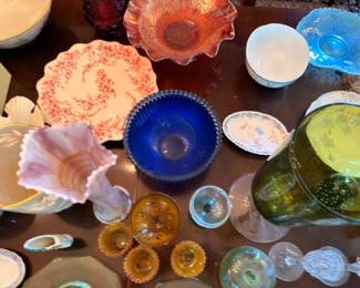 Assorted vintage glassware, cobalt blue bowl, carnival glass, cranberry glass, depression glass collection