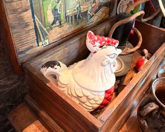 Ceramic rooster figurine, vintage Model Tool Chest for Boys box, antique collectibles