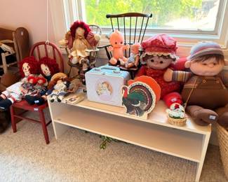 Vintage dolls collection, Raggedy Ann, Cabbage Patch, Kewpie, Thanksgiving plates, collectible toys lot