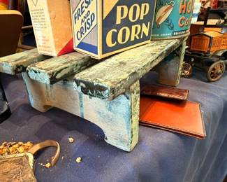 Vintage Pop Corn advertising box, painted wooden footstool, antique collectibles