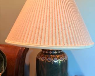 Green ceramic table lamp with pleated shade, vintage pottery lamp, bedroom lighting