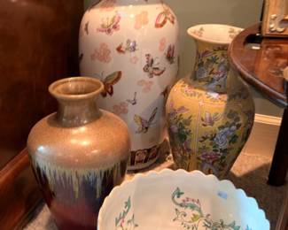 Butterfly painted ceramic vase, brass vase, white scalloped floral bowl, decorative pottery lot