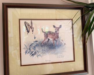 Framed fawn and butterfly print titled Spring, wildlife art, wood frame