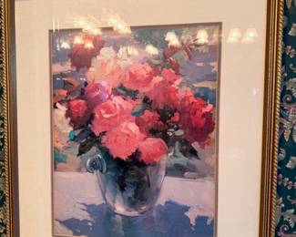 Framed pink roses floral still life painting, ornate gold frame, wall art