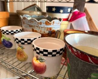 Checkered rim ceramic bowls, fruit painted pottery, vintage mixing bowls kitchen collection