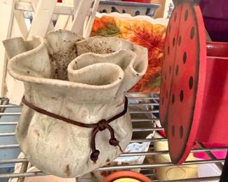 Ceramic sack planter, metal ladybug garden stake, fall leaf plate, garden decor lot