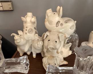 White ceramic pig figurines collection, decorative pig statues, collectible animal figures lot