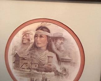 Framed collector plate, Native American woman portrait, winter scene wall art