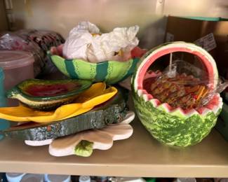 Ceramic watermelon bowls baskets, fruit themed pottery serving dishes, colorful kitchen decor lot