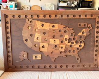 Handcrafted wood inlay USA map with penny slots, wooden state puzzle wall art, Americana