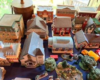 Christmas village building collection, miniature houses churches shops, holiday display lot
