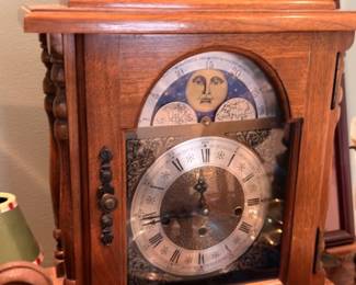 Wood mantel clock with moon phase dial, bracket clock, ornate face, vintage timepiece