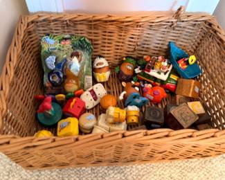 Basket of vintage small toys, figurines, wooden blocks, collectible miniatures lot