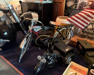 Harley Davidson motorcycle with American flags, patriotic Americana display, HD bike
