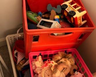 Vintage toys and figurines lot, Fisher-Price, assorted children's toys in bins