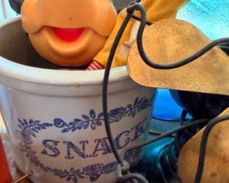 Blue and white stoneware snack crock, Borden's bottle, vintage toys
