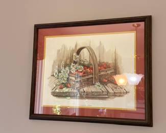 Framed still life print, flower basket with fruit and candle, dark wood frame, wall art