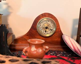 Vintage mantel clock with Roman numerals, pottery crock jug, antique home decor