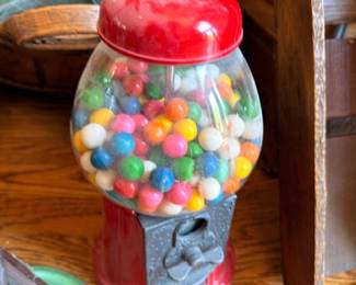 Vintage red gumball machine, glass globe candy dispenser, retro diner collectible