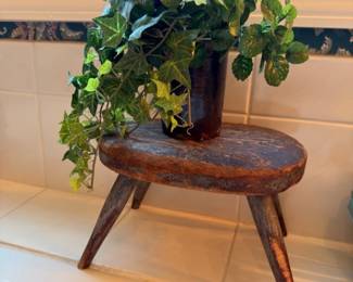 Rustic three-legged wood stool, plant stand, primitive farmhouse accent table