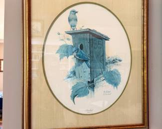 Framed bluebird on birdhouse print, oval mat, gold frame, bird art wall decor