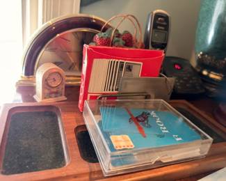 Desk accessories lot, small clock, stationery box, vintage office items collection