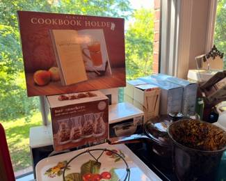 Acrylic cookbook holder in box, bar markers set, kitchen gadgets entertaining accessories lot